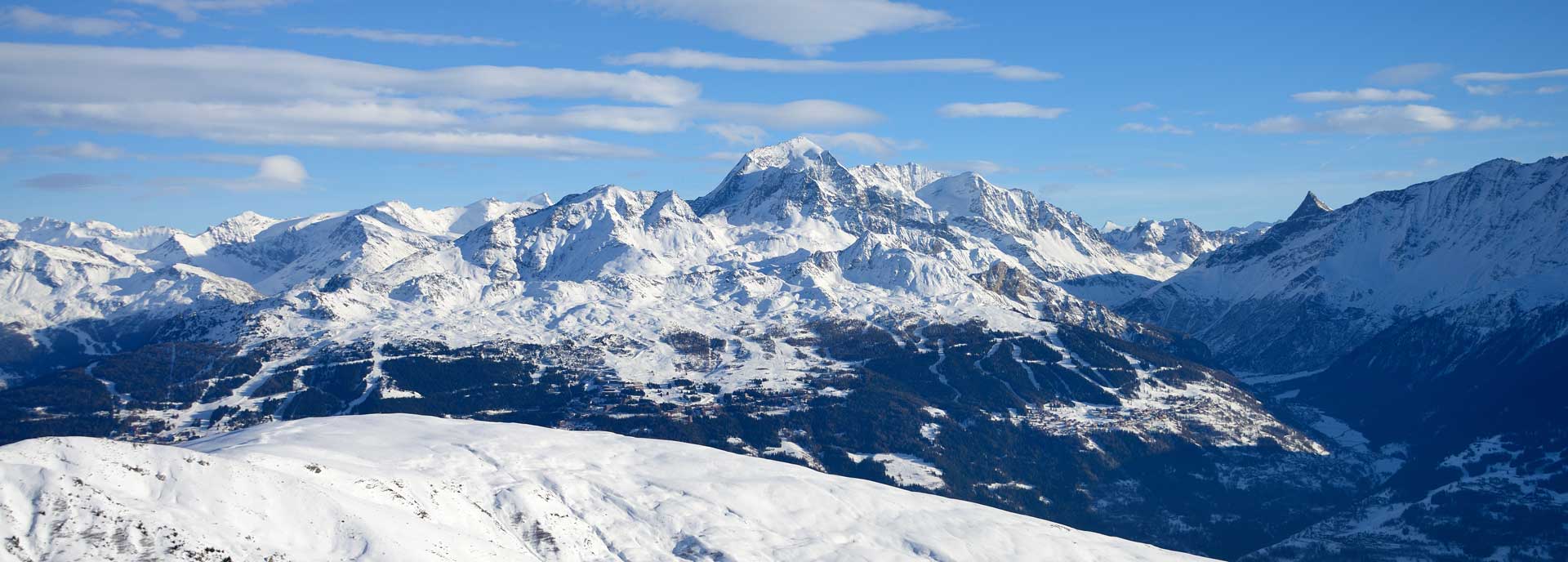 Vue magnifique sur le domaine des Arcs, d'Arc 1600 à Peisey Vallandry